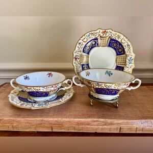 Set of 2 Vintage SCHUMANN Bavaria 8.5287 Blue Floral Soup/Bullion Bowl & Saucers